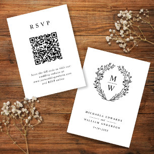 Botanischer Kranz Monogramm Hochzeits-RSVP-QR-Code Begleitkarte