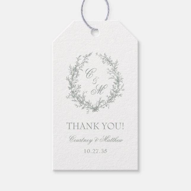 Botanischer Kranz von Sage Green Monogram Vielen D Geschenkanhänger (Vorderseite)