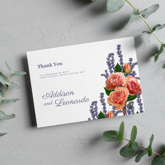Botanischer Lavendel Pfirsichpfirsichfarben Blume  Einladung (Botanic lavender peach rose flowers Thank You)
