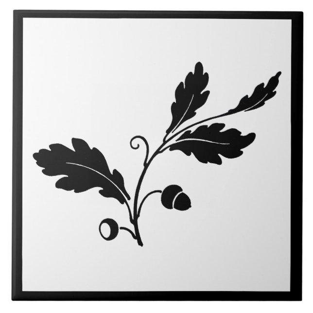 Botanischer Leaf Acorn Natur Floral Schwarz-weiß Fliese (Vorderseite)