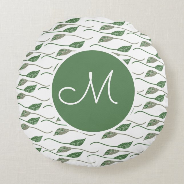 Botanischer Leaf Grüne Handgezeichnete Muster Name Rundes Kissen (Vorderseite)