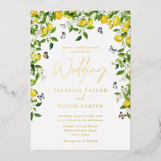 Botanischer Lemon Wedding Gold Folieneinladung (Vorderseite)