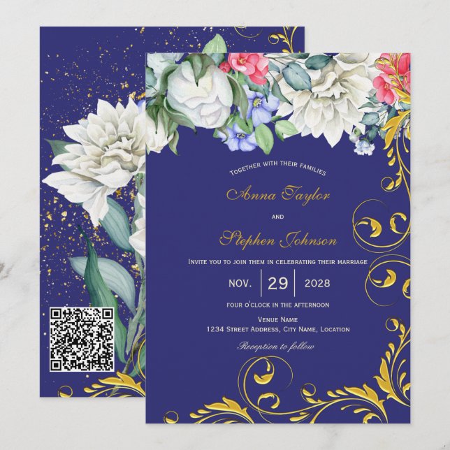 Botanischer lila Blue Pink Gold Wirbel Einladung (Vorne/Hinten)