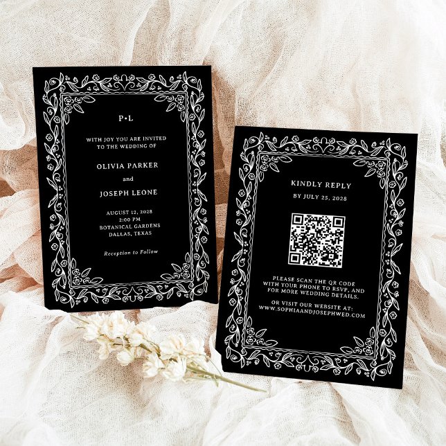 Botanischer Linienkunstrahmen | Schwarze QR-Code-H Einladung (Von Creator hochgeladen)