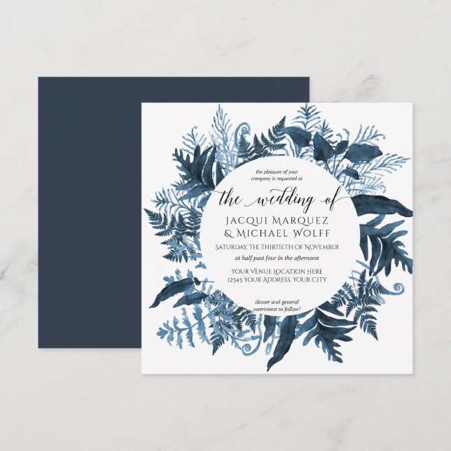 Botanischer Marine-Blau-Farn-Laub-Aquarell-Kranz Einladung (Vorne/Hinten)