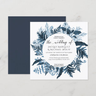 Botanischer Marine-Blau-Farn-Laub-Aquarell-Kranz Einladung