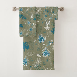 Botanischer Moosdruck in aquamarinem Grün und Moos Badhandtuch Set