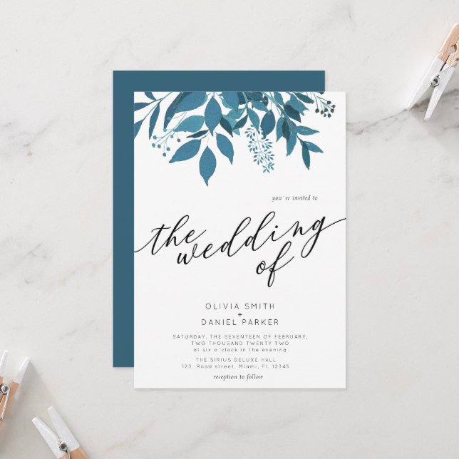 Botanischer Navy Blue | Script Winter Wedding Einladung (Vorderseite/Rückseite Beispiel)
