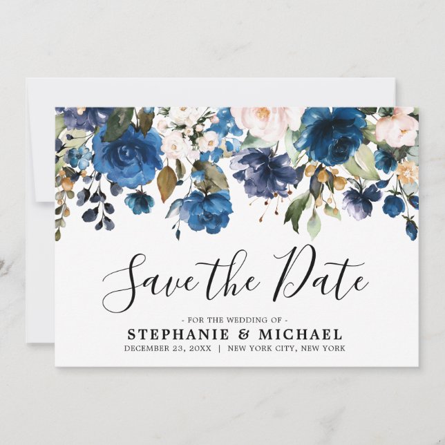 Botanischer Navy Blush Florals Save the Date (Vorderseite)