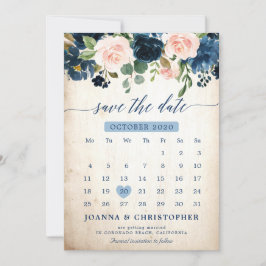 Botanischer Navy Blush Pink Rose Save the Date