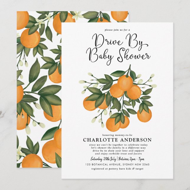 Botanischer Orange Citrus Drive Thru Baby Dusche Einladung (Vorne/Hinten)