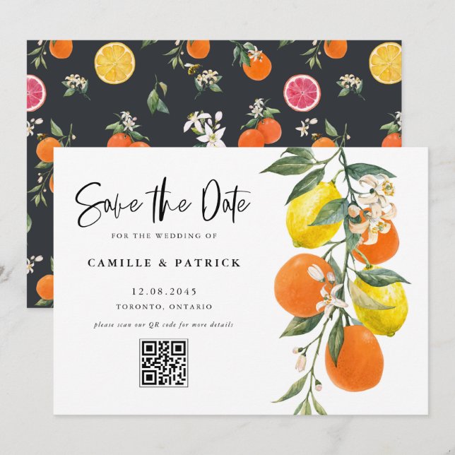 Botanischer Orange- und Lemon-QR-Code Save the Dat Date (Vorne/Hinten)