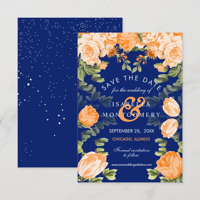 Botanischer Orange und Navy Blue Floral Einladung (Vorne/Hinten)