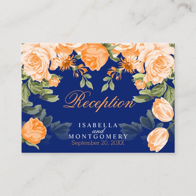 Botanischer Orangenblumen und Navy Blau - Empfang Begleitkarte (Vorderseite)