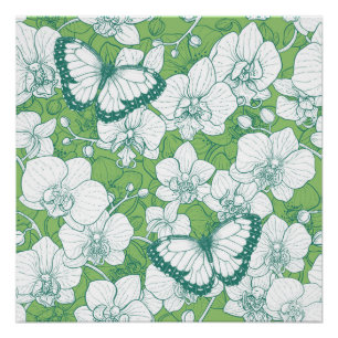 Botanischer Orchideengarten mit Schmetterlingen in Poster