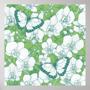 Botanischer Orchideengarten mit Schmetterlingen in Poster