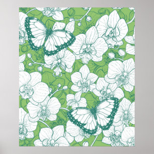Botanischer Orchideengarten mit Schmetterlingen in Poster