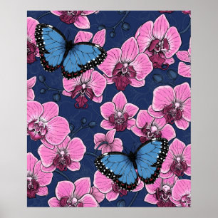 Botanischer Orchideengarten mit Schmetterlingen Poster