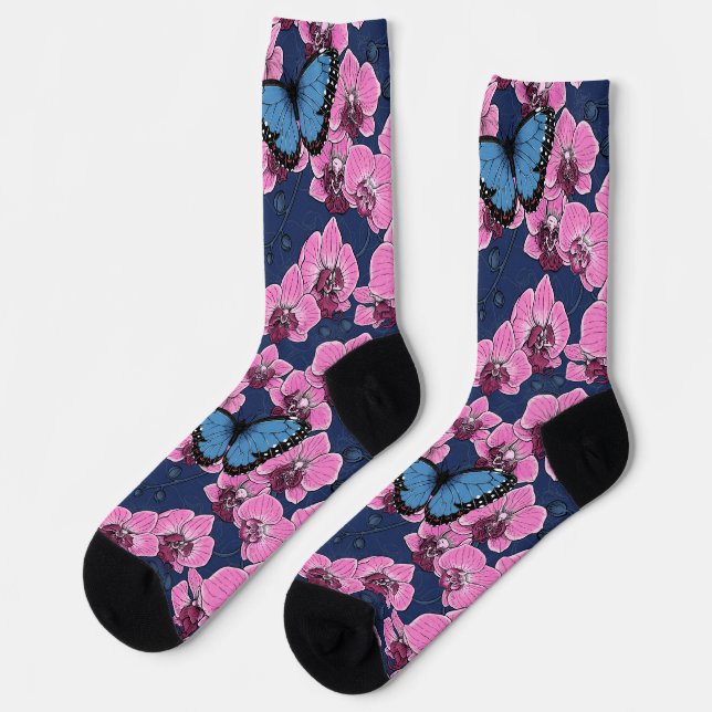 Botanischer Orchideengarten mit Schmetterlingen Socken (Linkes Detail)