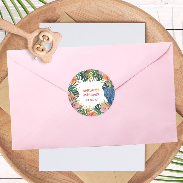 Botanischer Papagei Jungle Babydusche Runder Aufkleber (Tropical Parrot Botanical Watercolor Baby Shower Round Sticker ©Susanne Sachers - Sunny Mind 🌞)