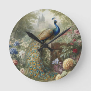 Botanischer Pfau bei Schloss im englischen Garten Runde Wanduhr