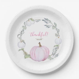 Botanischer Pink und White Pumpkin Erntedank Pappteller