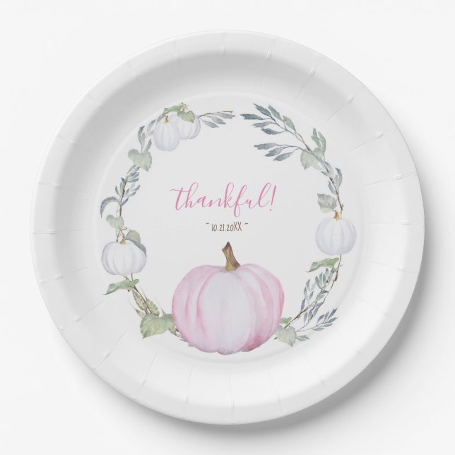 Botanischer Pink und White Pumpkin Erntedank Pappteller (Vorderseite)