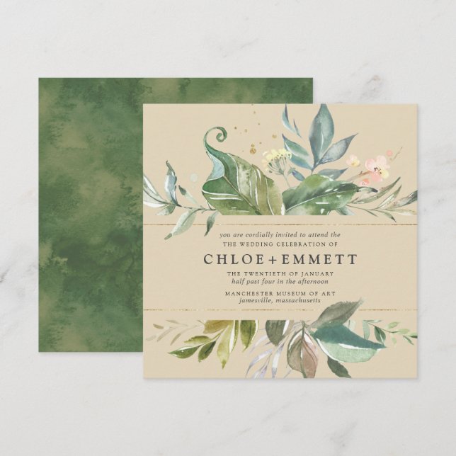Botanischer Platz-Hochzeit vom Gold Pink Floral Bo Einladung (Vorne/Hinten)