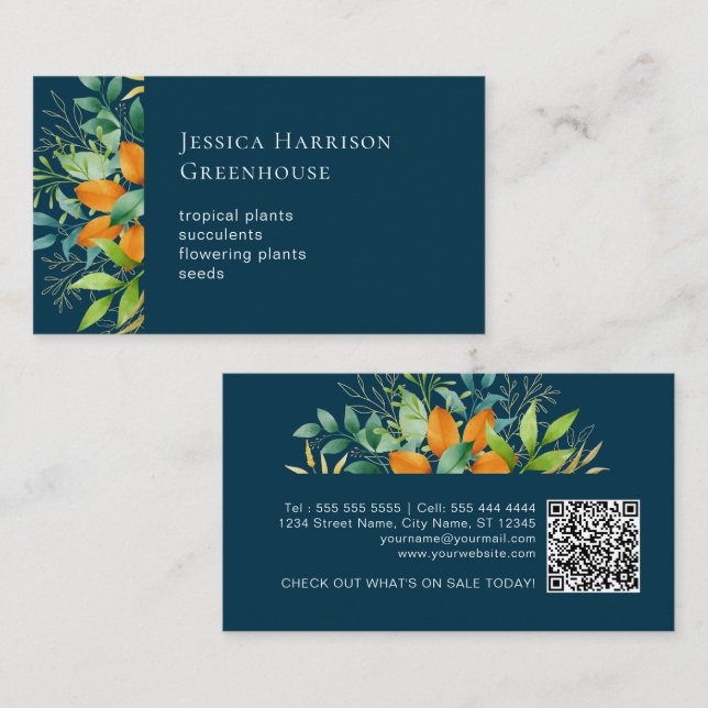 Botanischer QR-Code für Wasserfarben-Grünpflanzen Visitenkarte (Vorne/Hinten)