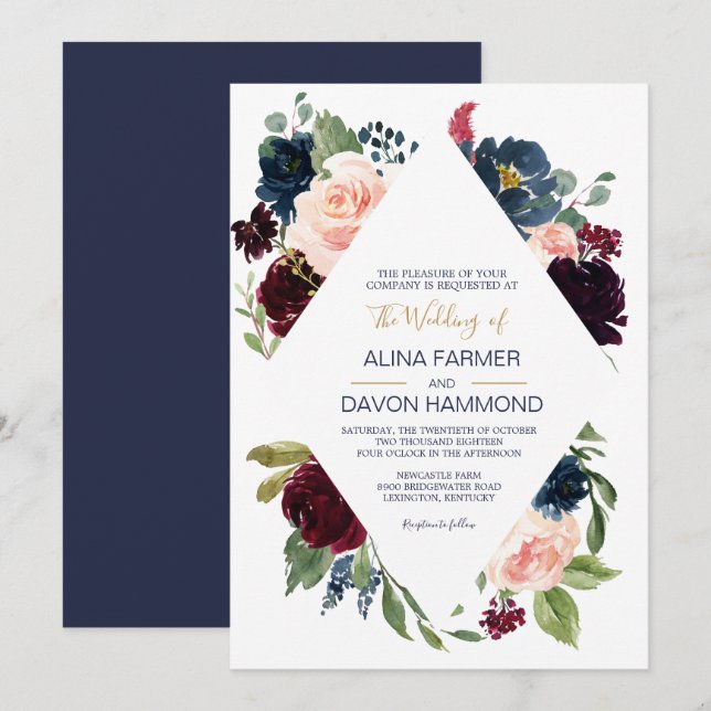 Botanischer Rahmen für die Hochzeit von Navy-Rose Einladung (Vorne/Hinten)