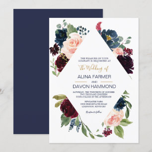 Botanischer Rahmen für die Hochzeit von Navy-Rose Einladung