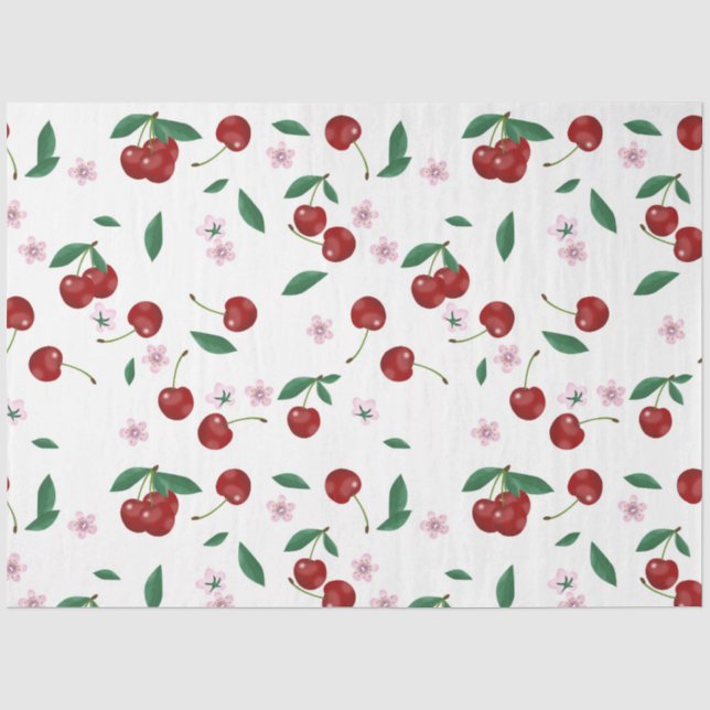 Botanischer Roter Kirschen Grüne & Blüten Seidenpapier (Vorderseite)