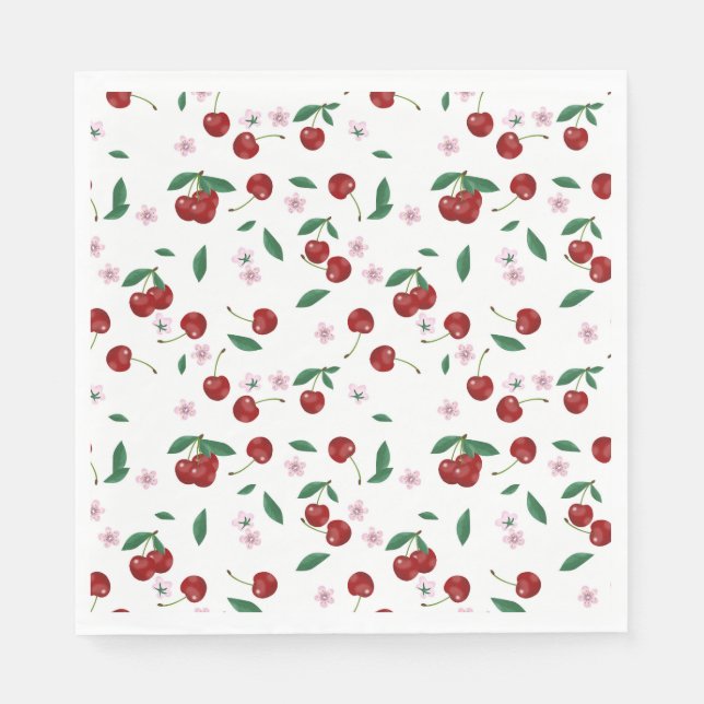 Botanischer Roter Kirschen Grüne & Blüten Serviette (Vorderseite)
