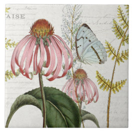 Botanischer Schmetterling Pink Wildblume Fern Vint Fliese