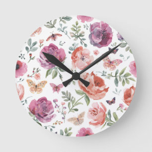 Botanischer Schmetterlingsgarten Wasserfarbe Flora Runde Wanduhr