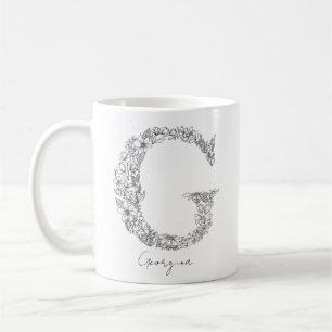 Botanischer Schwarz-weißer Monogramm-Floral-Brief Kaffeetasse