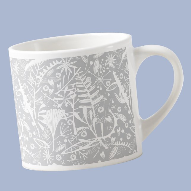 Botanischer Silbergrauer Espresso-Cup Espressotasse (Botanical leaf and flower pattern modern espresso cup)