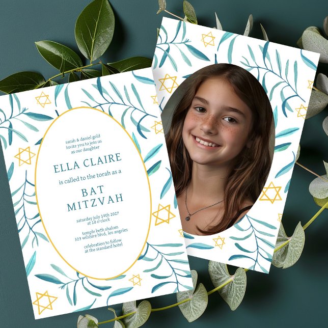 Botanischer Stern-Bar Bat Mitzvah-Foto Einladung (Watercolor Botanical Star Bar Bat Mitzvah Custom Photo Invitation
)