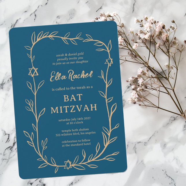 Botanischer Stern von David Bar Bat Mitzvah Einladung (Delicate Botanical Star of David Bar Bat Mitzvah Modern Girl Invitation
)