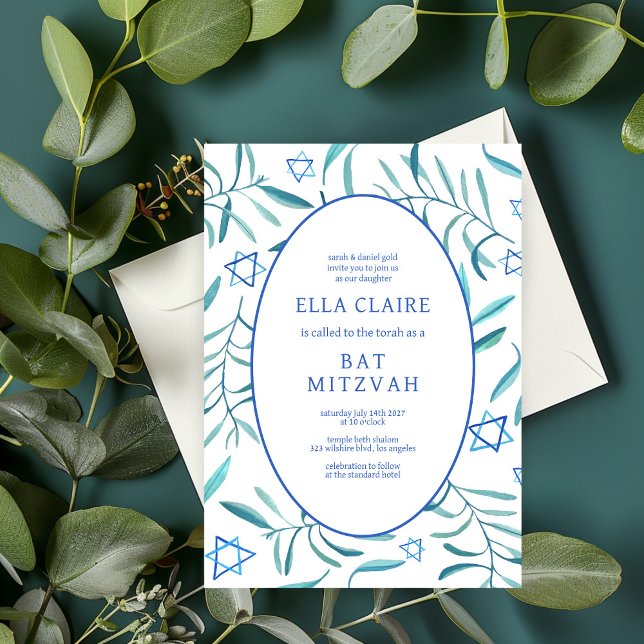 Botanischer Stern von David Bar Bat Mitzvah Einladung (Watercolor Botanical Star of David Bar Bat Mitzvah Invitation
)
