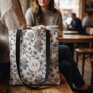 Botanischer Toile-Stoff   Hortensie & Stranddistel Tasche