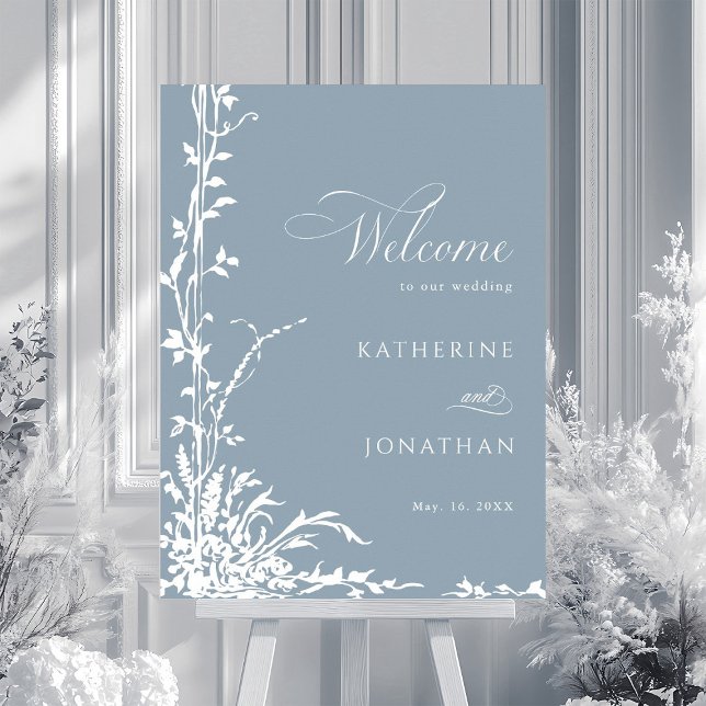 Botanischer Torbogen-Garten Dusty Blue Hochzeitsem Poster (Von Creator hochgeladen)