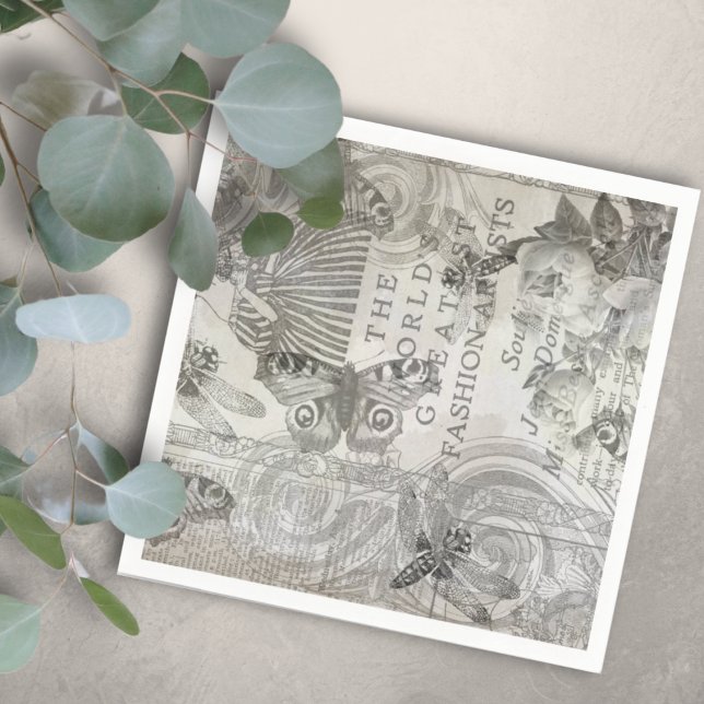 Botanischer Vintag Butterfly Script Schwarz-Weiß Serviette (Von Creator hochgeladen)