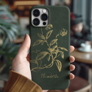 Botanischer Vintager dunkelgrüner Goldname iPhone 16 Hülle