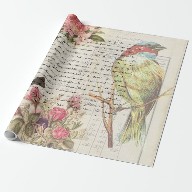 Botanischer Vintager Vogel-Decoupage Geschenkpapier (Ungerollt)