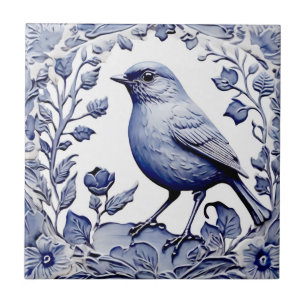 Botanischer Vogel aus Blauem und Weißem Delft Fliese