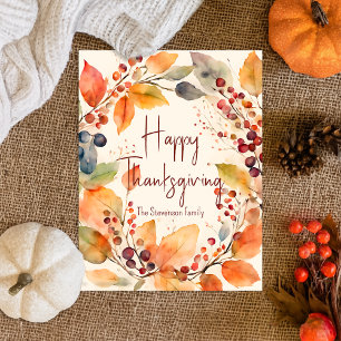 Botanischer Wasserfarben Herbstkranz Thanksgiving Postkarte