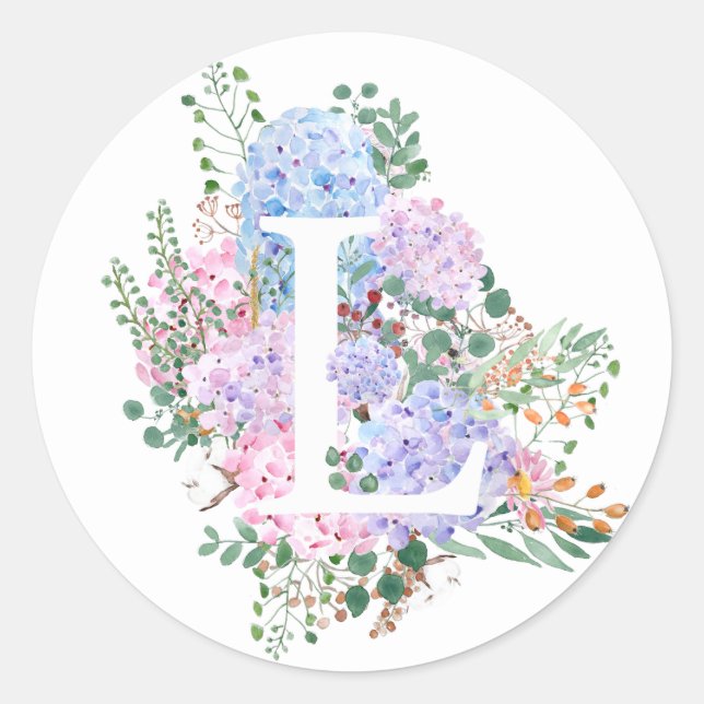 Botanisches Alphabet L Hydrangea-Blume Runder Aufkleber (Vorderseite)