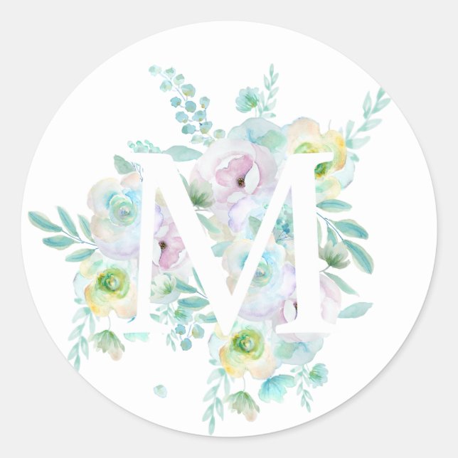 Botanisches Alphabet M grüne und violette Blumen Runder Aufkleber (Vorderseite)