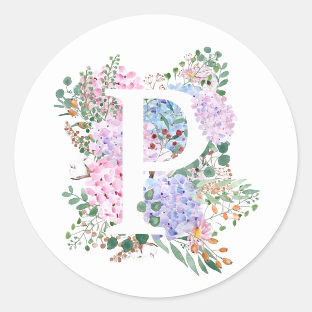 Botanisches Alphabet P Hydrangea-Blume Runder Aufkleber (Vorderseite)